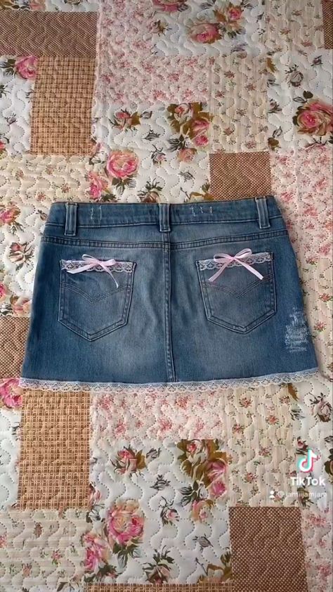 Lace Jean Skirt, Coquette Jean Skirt, Jean Skirt With Lace, Kawaii Thrift Finds, Pink Jean Skirt Outfit, Sewing Coquette Clothes, Coquette Shorts Outfit, Coquette Thrift Finds, Pink Cottagecore Outfits