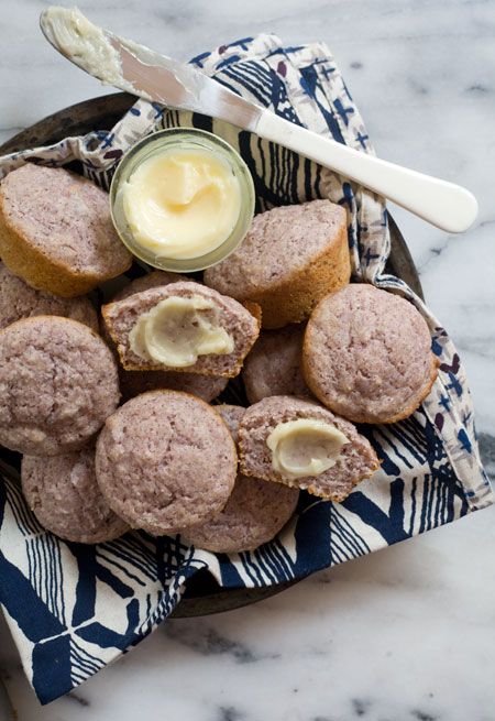 Blue Cornmeal Muffins Blue Cornbread, Blue Cornmeal, Cornmeal Muffins, Cornbread Muffins, Blue Corn, Honey Butter, Cozy Kitchen, Breakfast Breads, Vegan Snacks