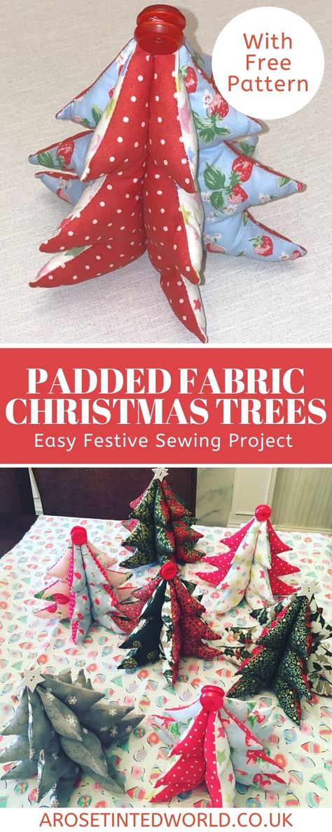 Fabric Christmas Tree Pattern Sew, Christmas Tree Fabric Panel, Sewing Tree Pattern, Fabric Christmas Trees Free Pattern, Christmas Table Sewing Projects, Stuffed Material Christmas Trees, Fabric Holiday Decorations, Padded Christmas Tree, Padded Christmas Tree Pattern