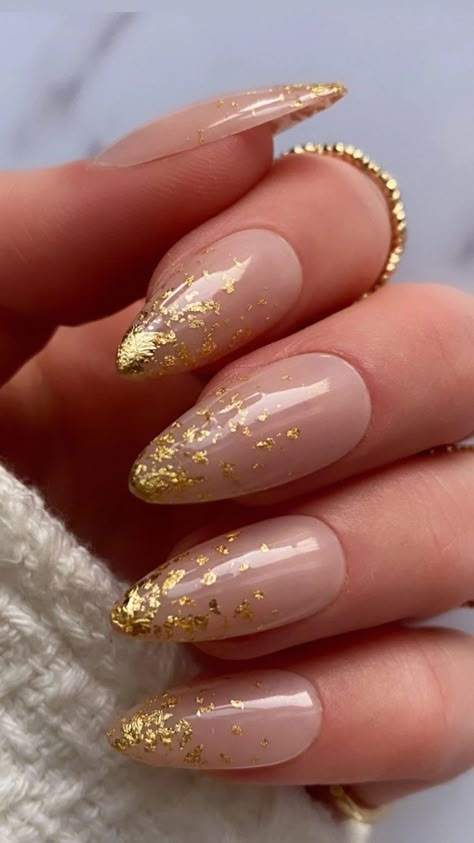 Nails For Golden Dress, Half Sparkle Nails, Autumn Nails Gold Foil, Cream And Gold Nail Designs, French Gold Glitter Nails, Gold Glitter Tip Nails French, Gold Tip Nail Designs, Nail Inspo Gold Glitter, Almond Nails Gold French Tip