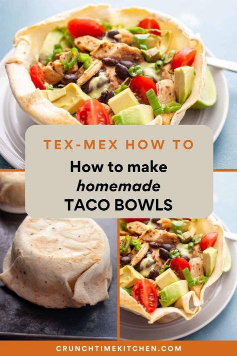 How to make homemade taco bowls for your next taco salad! These are easy to make once you get the hang of it. Kids love them as well! crunchtimekitchen.com #tacobowl #texmex #easyrecipes Taco Shell Bowls, Taco Salad Shells, Bowl Method, Oven Tacos, Hard Shell Tacos, Taco Bowl Recipe, Taco Tuesday Recipes, Beef Nachos, Tacos Chicken