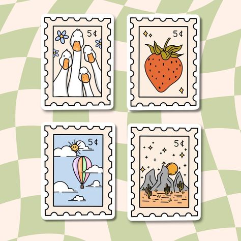 Waterproof Stamp Stickers  ⋒ S i z i n g ⋒ 1.5x2 inches  ⋒ S t y l e s ⋒ +Strawberry Stamp +Desert Stamp +Duck Stamp + Balloon Stamp +One of each (4 pack) *Save $2* ⋒ M a t e r i a l s ⋒ Glossy sticker paper, waterproof stickers are made with vinyl sticker paper and sealed with a clear vinyl.  ⋒ W a t e r p r o o f ⋒ Note* Stickers are hand wash only. NOT dishwasher friendly. For best results and Post Stamp Sticker, Strawberry Stamp, Flower Water Bottle, Duck Stamp, Stamp Stickers, Stickers Cool, Sticker Aesthetic, Flower Water, Stickers Laptop