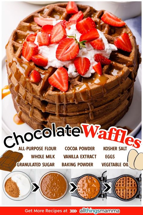 stack of Chocolate Waffles topped with whipped cream, fresh sliced strawberries, and caramel sauce. steps and ingredients to make Chocolate Waffles. Chocolate Waffles Recipe, Chocolate Waffle Recipe, Waffle Mix Recipes, Waffles Chocolate, Chocolate Waffles, Homemade Waffles, The Best Breakfast, Waffle Mix, Easy Homemade Recipes