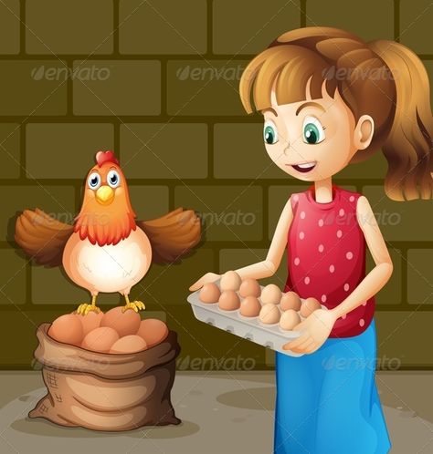 Farmer's Wife Collecting Eggs Collecting Eggs, Farmers Wife, Cartoon Chicken, Farm Eggs, Farmer Wife, Animal Bag, A Farmer, Vector Character, Farm Animals