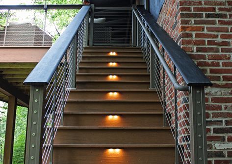 deck stair mounted lights Deck Lighting Ideas, Deck Step Lights, Stone Deck, Deck Colors, Deck Posts, Porch Roof, Deck Porch, Deck Designs Backyard, Deck Stairs