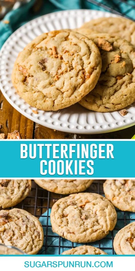 My soft and chewy Butterfinger cookies are jam-packed with crunchy Butterfinger candy pieces. They can be prepped in just 15 minutes with NO chilling required! Christmas Sweets Recipes, Sweet Easy Recipes, Butterfinger Cookies, Sugar Spun Run, Butterfinger Candy, Cookies Sugar, Fruity Desserts, Christmas Sweets, Seasonal Ingredients