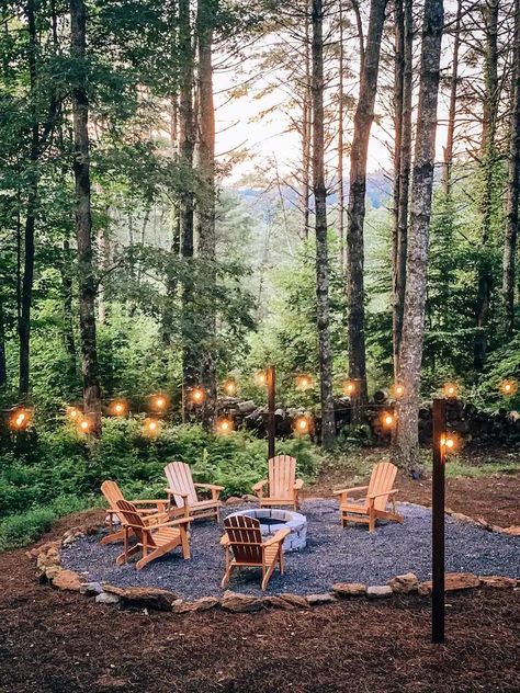 House In Woods Landscaping, Forest Fire Pit, House In The Woods Landscaping, Airbnb Yard Ideas, Wildlife Friendly Backyard, Cabin Outdoor Ideas, Backyard Woods Landscaping, Cabin Landscaping Ideas Woods, Cabin Landscaping Ideas