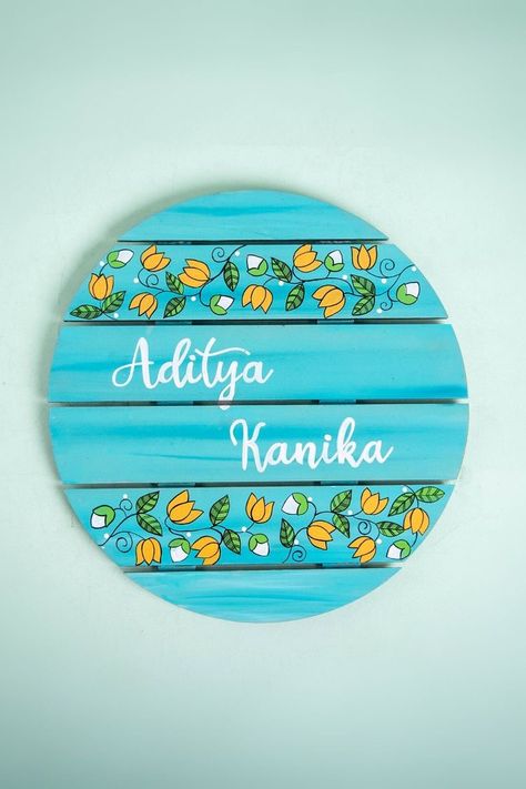 Name Board For Home, Madhubani Lotus, Madhubani Designs, Plates Design, Monochromatic Colors, Circle Name, Diy Dorm Decor, Door Name Plates, Name Board