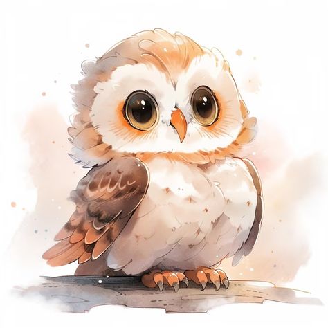 Premium Photo | Watercolor Painting of Cute Chibi Owl Watercolor Cute Animals, Baby Owl Drawing, Owl Watercolor Paintings, Cute Owl Illustration, Chibi Owl, Cute Owl Art, Owl Tutorial, Owl Watercolor, Painting References