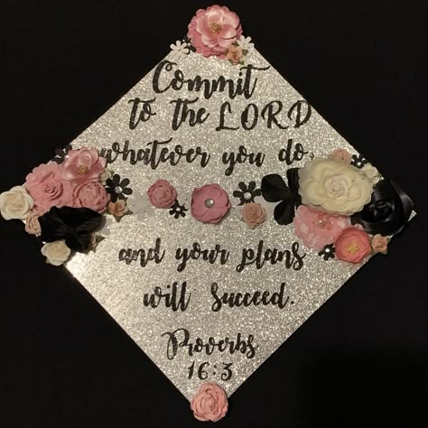 Custom graduation cap DIY floral theme  bible verse (made by Alyssandra) #graduationcap #alymade Graduation Cap Verses, College Grad Cap Ideas Christian, Bible Graduation Cap, Cap Quotes Graduation, Graduation Cap Scripture Ideas, Nursing Graduation Cap Bible Verse, Bible Verse Graduation Cap, Bible Quote Graduation Cap, Graduation Cap Designs Bible Verse