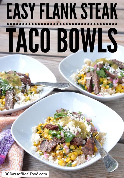 Easy Flank Steak Taco Bowls (with creamed spinach & corn) Steak Taco Bowls, Flank Steak Taco, Steak Bowls, Steak Bowl, Cooking Corn, Real Simple Recipes, Steak Taco, Cinnamon Swirl Banana Bread, Flank Steak Tacos