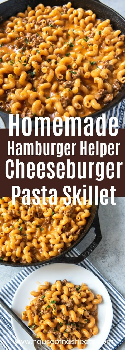 One of our go-to dinner recipes when we are in the throes of busy school schedules and extracurricular activities and I haven't planned ahead is this Homemade Hamburger Helper Cheeseburger Pasta Skillet made with browned ground beef, shredded cheddar cheese, and cavatappi or macaroni noodles.  It's may not be fancy, but it's always easy, satisfying, and a hit with my family! #pasta #recipe #groundbeef #onepot #skilletmeal #easy #cheese #hamburger #cheeseburger #macaroni Homemade Hamburger Helper Cheeseburger, Hamburger Helper Cheeseburger, Cheeseburger Pasta Skillet, Macaroni Noodles, Pasta Skillet, Cheeseburger Pasta, Plats Healthy, Skillet Pasta, Homemade Hamburger