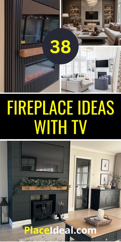 38 Fireplace Ideas with TV: Ultimate Living Room Enhancements - placeideal.com Electric Fireplace Floating Shelves, Feature Wall With Tv And Fireplace, Built In Tv And Fireplace Wall, Living Room With Fireplace Layout, Tv In Corner Of Living Room Layout, Gas Fireplace Ideas With Tv Above, Fireplace Wall Ideas With Tv, Tv Unit Table, Tv Over Fireplace Ideas