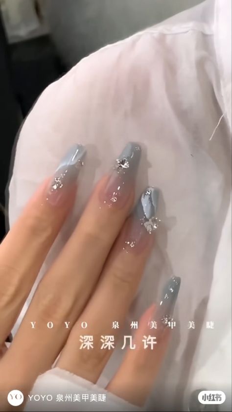 Gray Clear Nails, Simple Sliver Nails, December Acrylic Nails Coffin, Fairytale Nail Art, Gray Jelly Nails, Grey Aesthetic Nails, Grey Acrylic Nails Designs, Grey Nails Acrylic, Fairytale Nails