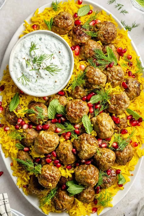 One-Pan Lamb Meatballs and Saffron Rice with Herby-Yogurt Sauce The Defined Dish, Defined Dish, Lamb Ragu, Meatballs And Rice, Saffron Rice, Lamb Meatballs, Lamb Dishes, Diner Recept, Ground Lamb