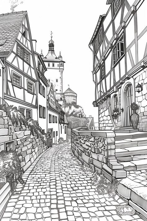 Old German Houses, Germany Coloring Pages, Master Sketches, City Outline, Town Drawing, German Houses, Medieval Drawings, German Architecture, Historic Landmarks