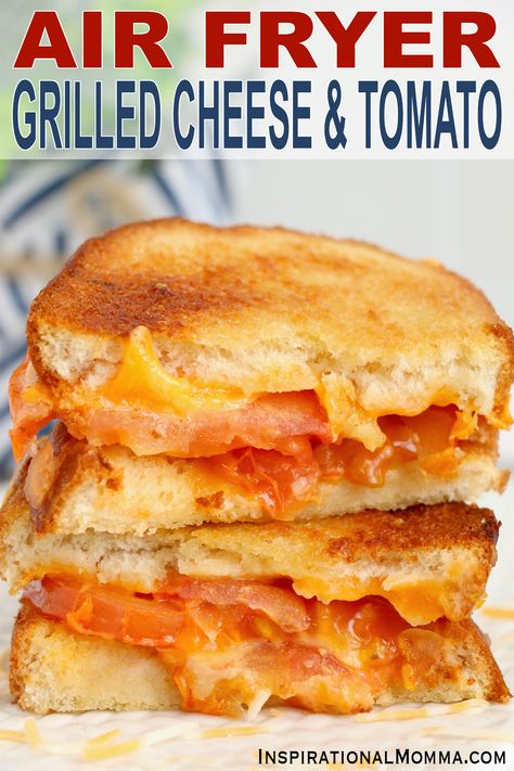 This air fryer grilled cheese and tomato combines perfectly toasted bread, gooey cheese, and everyone's favorite garden fruit! #inspirationalmomma #airfryergrilledcheeseandtomato #grilledcheeseandtomato #airfryergrilledcheese #airfryerrecipe Toasted Cheese, Air Fryer Toasted Sandwich, Air Fryer Cheese Sandwich, Grilled Cheese And Tomato Sandwich, Air Fryer Recipes Grilled Cheese, Air Fryer Grilled Cheese, Air Fryer Grilled Cheese And Tomato, Airfryer Grilled Cheese, Air Fryer Toasted Cheese Sandwich