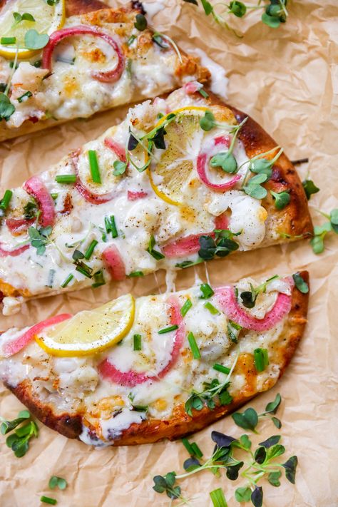 Lobster Flatbreads with Sherry Cream Baking Lessons, Lobster Dishes, Artisan Pizza, How To Cook Lobster, Lobster Meat, Lobster Recipes, Flatbread Recipes, Flatbread Pizza, Pickled Red Onions