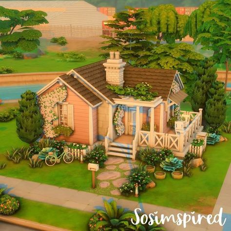 Tiny Sims Houses, Sims 4 Willow Creek Small House, Sims Tiny House Ideas, Sims Willow Creek House, Sims 20x15 House, Willow Creek Sims 4 House Ideas, Ts4 Willow Creek, Sims 4 Dessert House, Sims Bungalow