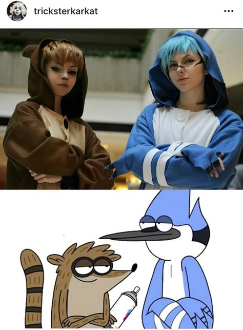 Rigby Regular Show Cosplay, Mordecai And Rigby Cosplay, Duo Cosplay Anime, Mordecai And Rigby Halloween Costume, Mordecai And Rigby Costumes, Regular Show Cosplay, Rigby Cosplay, Mordecai Costume, Cartoon Cosplay Ideas