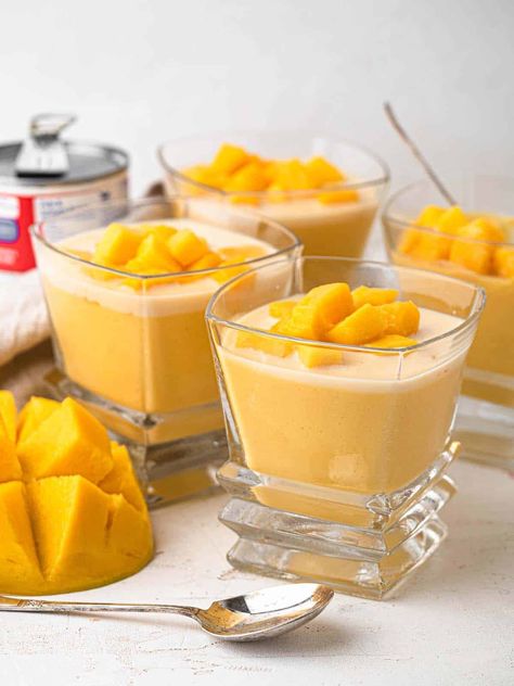 A classic Chinese dessert served at yum cha, sweet and silky smooth mango pudding topped with evaporated milk Yum Cha, Mango Pudding, Chinese Dessert, Evaporated Milk, Custard, Mango, Milk, Dessert