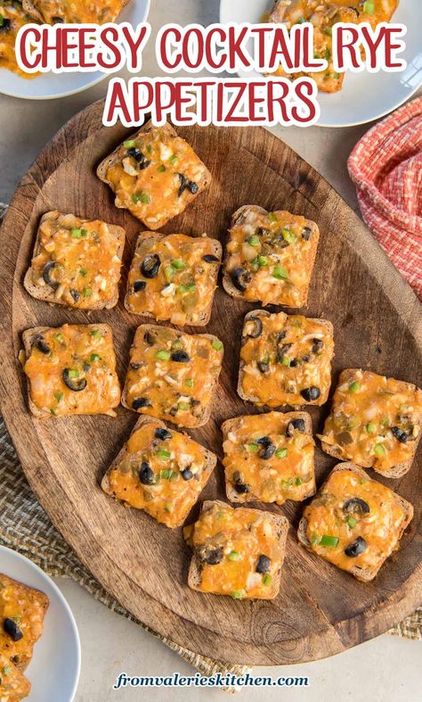 This vintage recipe for Cheesy Cocktail Rye Appetizers is a classic party snack that will never go out of style! Mix up the cheese and olive spread in advance and these warm, melted cheese snacks will take just minutes to prepare. Rye Cocktails, Olive Appetizer, Rye Toast, Olive Spread, Antipasto Platter, Chicken Appetizers, Mini Bites, Cheese Snacks, Classic Party