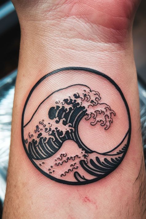 Ocean Wave Circle Wrist Tattoo Circle Tattoo Design, Tattoo Ideas For Females, Circular Tattoo, Circle Designs, Circle Tattoo, Circle Tattoos, Delicate Tattoo, Beautiful Tattoo, Wrist Tattoos For Women