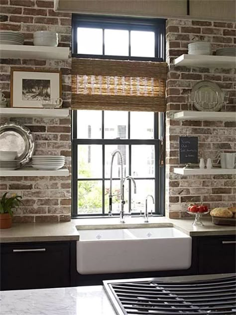 Kitchen sink Exposed Brick Kitchen Backsplash, Exposed Brick Kitchen, Brick Kitchen Backsplash, Brick Farmhouse, White Subway Tile Backsplash, Brick Kitchen, Brick Backsplash, Kitchen White, Casa Vintage