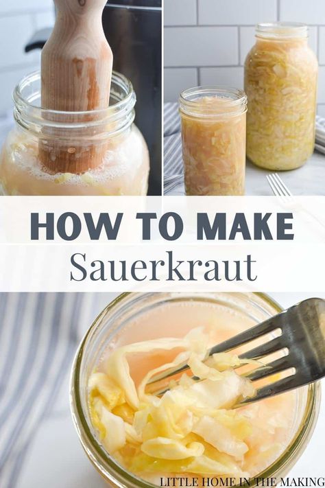 Make your very own homemade sauerkraut with this easy, 2 ingredient recipe. Making sauerkraut in a crock a simple, foolproof way to make this homemade fermented food, but you can totally use a mason jar instead! This traditional food has been consumed for thousands of years and is the perfect way to preserve cabbage for the Fall and Winter. Whether you’re new to fermentation or an expert, you’ll find this recipe easy to follow and the results delicious. Jalapeño Sauerkraut, Pickled Items, Fermented Recipes, Fermenting Foods, Make Sauerkraut, Making Sauerkraut, Sauerkraut Recipe, Fermenting Weights, Freezing Food