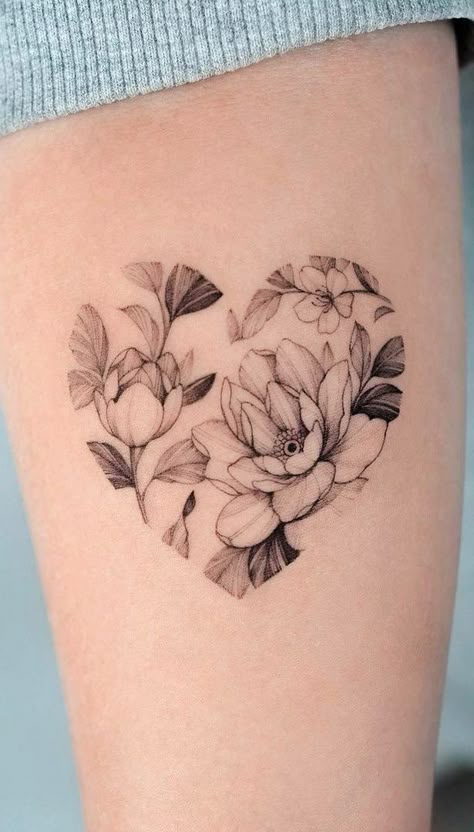 Chrysanthemum Heart Tattoo, Peony Heart Tattoo, Tattoo Flower Heart, Hearts And Flowers Tattoo, Heart Shaped Tattoos, Floral Heart Tattoo, Flower Heart Tattoo, Kintsugi Tattoo, Gardenia Tattoo