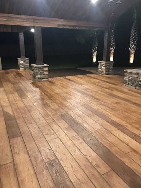 Wood Stamped Concrete Patio Ideas, Stamped Concrete Front Patio, Outdoor Stamped Concrete Patio, Concrete Patio Stamped, Stamped Concrete Inside House, Wood Stamped Concrete Interior Floors, Stained Stamped Concrete, Stamped Concrete Bathroom Floor, Wood Stamped Concrete Patio