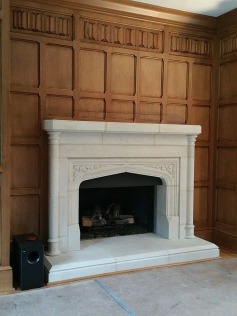 Tudor Library Quartersawn Oak Paneling Detail with Tudor Fireplace and Hidden TV Cabinet PANELING 2/3 COMMON Tudor Fireplace Makeover, Tudor Mudroom, Tudor Interior Design Inspiration, Tudor Library, Tudor Paneling, Cabinets Around Fireplace, Tudor Interior Design, Tudor Tile, Tudor Fireplace