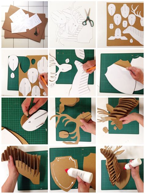 Diy Cardboard Christmas, Cardboard Deer Heads, Cardboard Animals, Cardboard Costume, Deer Heads, Cardboard Christmas, Make Your Own Wreath, Reindeer Head, Cardboard Sculpture