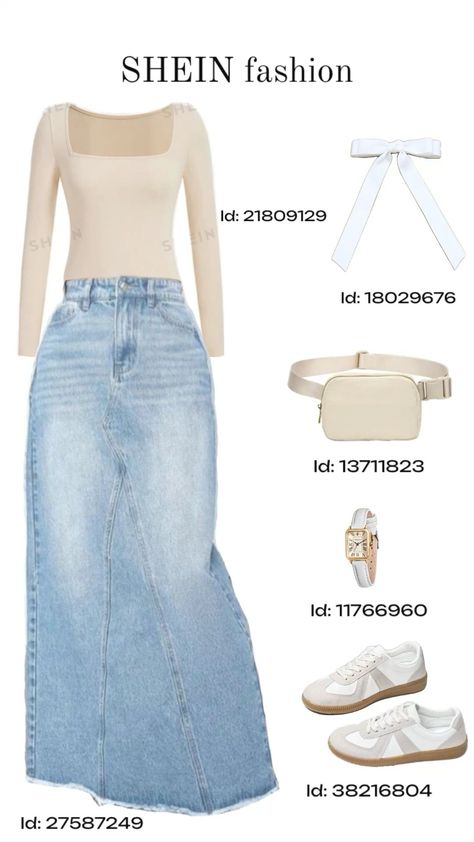 Shein Christian Outfits, Shein Church Outfits, Jean Skirt Outfits Long, Church Modest Outfits, Y2k Modest Outfits, Shein Skirt Outfit, How To Style Long Skirts, Christian Modesty Outfits, Shein Modest Outfits