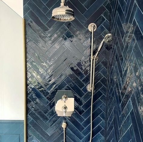 Zellica™ Ink Blue Tile | Topps Tiles Blue Tiled Bathroom, Blue Herringbone Tile, Bathroom 2023, Dark Blue Tile, Workers Cottage, Bronze Tiles, Wet Room Tiles, Spa Style Bathroom, Spare Bathroom