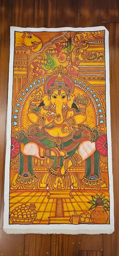 Lord Ganesha Kerala Mural Painting, Kerala Murals Paintings, Vishnu Mural Painting, Shiva Mural Painting, Ganesha Mural Painting, Madhubani Ganesha, Mural Painting Kerala, Ganesh Painting, Line Art Lesson