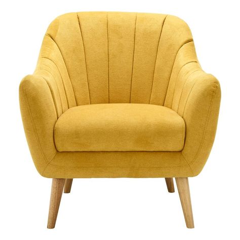 Fondia Tropical Hevea Wood Armchair Modern Retro Design, Yellow Armchair, Statement Chairs, Yellow Chair, Yellow Living Room, Comfortable Armchair, Wood Arm Chair, Fabric Armchairs, Take A Seat