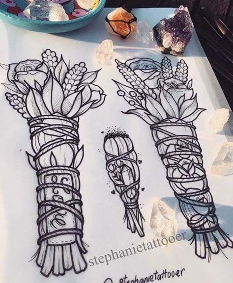 Sage Bundle Drawing, Witchcraft Tattoos, Sage Bundles, Crystal Tattoo, Witch Tattoo, Sage Smudge, Crystal Amethyst, Spiritual Tattoos, Leg Sleeve