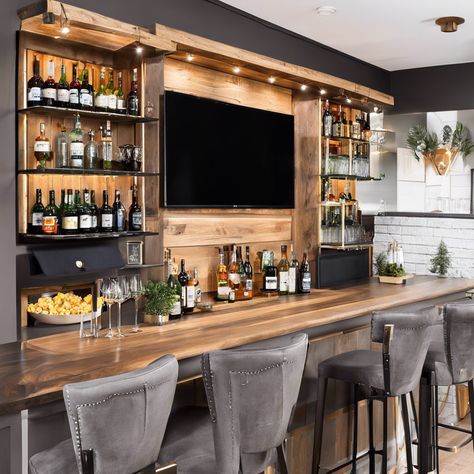 Home Bar With Tv And Shelves, Basement Bar Designs With Tv, At Home Whiskey Bar, Game Room Wet Bar, Basement Bar With Tv In Middle, Small Room Bar Ideas, Basement Bar Tv, Den With Bar, Under Bar Wall Ideas