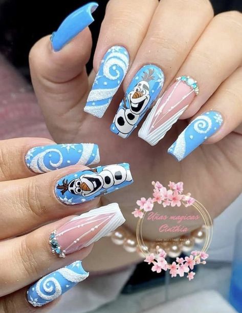 Frozen Nail Designs, Olaf Nails, Frozen Nail Art, Pink Sparkle Nails, Frozen Nails, Champagne Nails, Lily Nails, New Years Nails, Disney Acrylic Nails