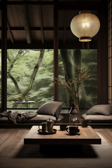 small japandi living room idea, japandi decor, japandi sofa, dim lighting Japandi Small Living Room, Japanese Modern Living Room, Japandi Interior Design Living Room, Living Room Forest, Dark Japandi, Japandi Sofa, Interior Japandi, Room Forest, Japandi Living Room Design