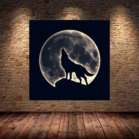 Moon On Black Canvas, Painting Wolf Acrylic, Black Wolf Painting, Wolf Mural Wall Art, Wolf And Moon Painting, Wolf Painting Ideas, Wolf Painting Easy, Wolf Painting Acrylic Easy, Wolf Room Decor