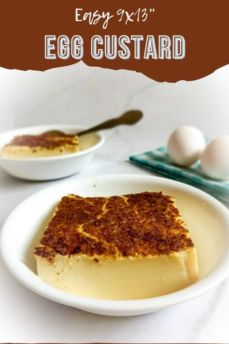 Two small bowls with egg custard and eggs in background