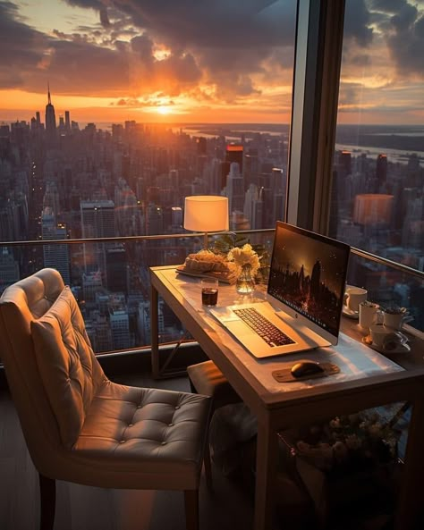 Green Bedroom Aesthetic, Dream Desk, Apartment View, Work Space Decor, Dream Apartment Decor, Apartment Aesthetic, New York Apartment, Study Aesthetic, Window View