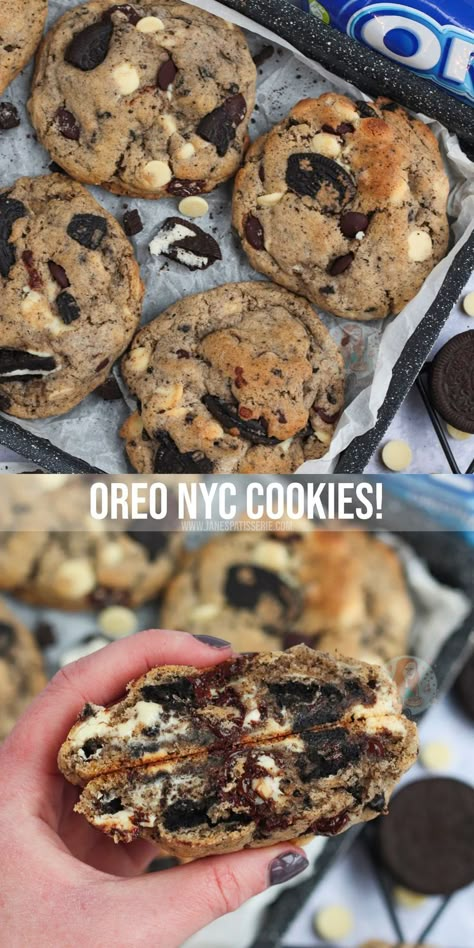 Giant chunky NYC style cookies stuffed with white, dark chocolate chips, and Oreo chunks! Oreo NYC cookies are heavenly! Chunky Cookie Recipe, Nyc Cookies, Levain Cookies, Oreo Cookie Recipes, Cookies Stuffed, Janes Patisserie, Levain Bakery, Big Cookie, Nyc Style