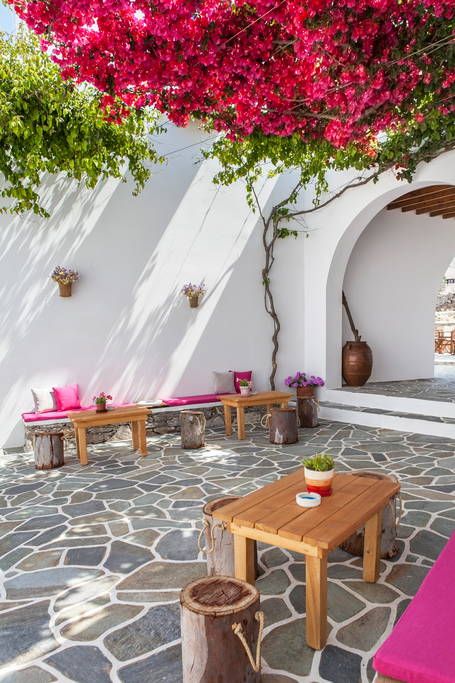 bougainvillea on the patio, Folegandros Island, Greece Backyard Cozy, Terrace Ideas, Cozy Backyard, Enclosed Patio, Greek House, Patio Flooring, Ideas Backyard, Bougainvillea, Spanish Style