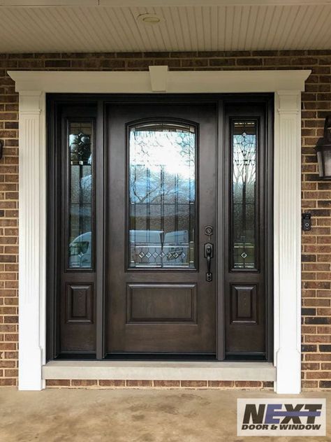 Front Door And Sidelights, Provia Doors Front Entry, Front Door With Sidelights, Fromt Doors, Navy Front Door, Exterior Doors With Sidelights, Entry Door With Sidelights, Etched Glass Door, Front Entry Doors