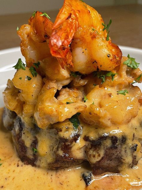 Steak Lobster Shrimp Dinner, Steak With Shrimp And Lobster Sauce, Gourmet Dinner Ideas Entertaining, Lobster Topping For Steak, Steak Lobster Dinner, Steak With Lobster Sauce, Lobster Sauce For Steak, Shrimp And Steak Recipes, Lobster And Shrimp Recipes