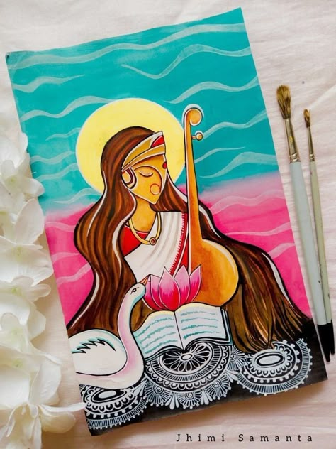 Saraswati Maa Abstract Painting, Saraswati Art Paintings, Drawing For Saraswati Puja, Modern Art For Beginners, Saraswati Devi Drawing Easy, Saraswati Devi Painting On Canvas, Abstract Painting Acrylic Easy Modern, Saraswati Devi Mandala Art, Saraswati Goddess Mandala Art