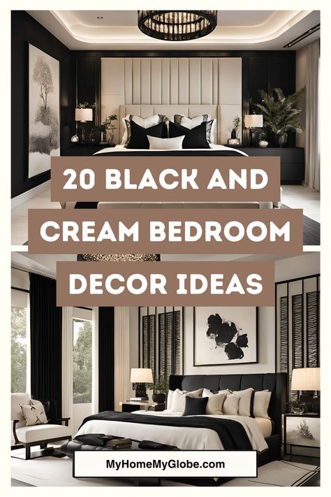 Transform your bedroom into a sophisticated oasis with these stunning black and cream decor ideas! 🖤🤍 From luxurious velvet duvet covers to chic industrial bed frames, discover how to create a timeless and elegant space that's perfect for relaxation. Click to explore all 20 inspiring ideas and elevate your bedroom design today! | Bed Catty Corner, Black Modern Boho Bedroom, Black Window Frames Bedroom, Modern Man Bedroom Ideas, Black Details Bedroom, White Bed Black Wall, Bamboo Inspired Bedroom, Black Furniture Bedroom Decor Ideas, Bedroom Inspirations Master Black Furniture